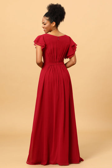 Burgundy Ruched Long Chiffon Bridesmaid Dress with Ruffles